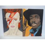 Two oil portraits one of David Bowie Ziggy Stardust and a characture of Jimi Hendrix, both by