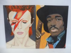 Two oil portraits one of David Bowie Ziggy Stardust and a characture of Jimi Hendrix, both by