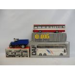 A Tekno DAF SB Series coach, an NZG Mercedes city bus and a Ziss MAN Oldtimer truck, all boxed.