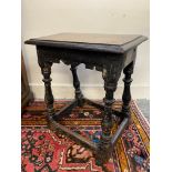 An antique painted oak joint stool with turned baluster suppports, 18 1/2" w x 20 3/4" h x 11 3/4"