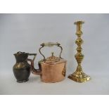 A very tall Victorian 'ace of spades' brass candlestick, 13" high, a copper kettle with a glass