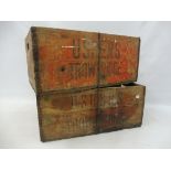 Two Ushers of Trowbridge rare version three handled wooden crates, 21" wide.