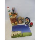 A box of assorted collectables including a Pepsi clock, a Royal Doulton character jug, a Paul Horton