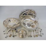 A silver plated basket of ornate design, an octagonal silver plated basket and various other