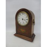 An Edwardian mahogany and burr yew inlaid dome topped mantle clock, 8 1/2" h.