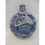 An unusual 19th Century blue and white flask, probably Worcester factory, the design with a