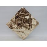 A rare 19th Century large lead glazed butcher's shop tile depicting cattle by William Wise for