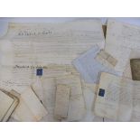 A collection of parchment and vellum documents including papers relating to an Admiral, wills, deeds