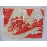 A large red and white poster depicting grasstrack or speedway motorcycle riders racing, 40 x 30".