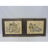 G. BOURET - a pair of French comical studies of children, the first depicting a girl in a pedal car,