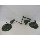 Two green enamel Coolicon lamp shades plus an industrial bench mounted angle poise lamp.