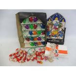A boxed set of Pifco Christmas lights, plus a box of early Father Christmas decorations and other