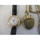 A 9ct gold ladies wristwatch, weight with movement approx. 16.6g, plus a yellow metal oval locket,