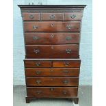 A George III mahogany two piece chest on chest, raised on bracket feet, 41 1/2" d x 71" h x 21" d.