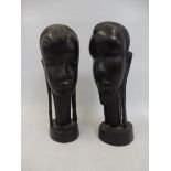 A pair of African carved hardwood heads, each approx. 8" h.