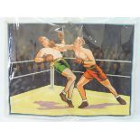 A large colourful poster depicting two boxers fighting in the ring, printed by Willsons' of