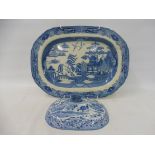 An early/mid 19th Century blue and white meat platter, willow pattern, 19 x 14" plus a 19th