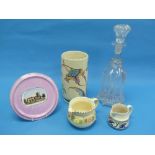 A cut glass Decanter, together with three pieces of Honiton Pottery and a porcelain Teapot stand,