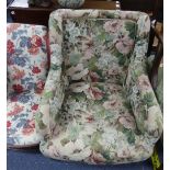 An early 20thC oak framed Child's Slipper Chair, with floral upholstery, 23in (58cm) wide x 22in (