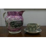 A large 19thC pink Lustre Ware Jug, the four decorative panels each uniquely decorated, one with