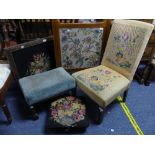 An oak framed tapestry Fire Screen, 24in (61cm) wide, together with an oak nursing chair with