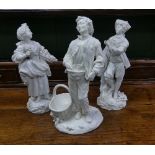A pair of 19thC continental white-glazed Figurines, one depicting a woman selling flowers, the