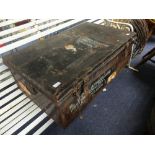 Vintage metal Trunk, London Made Trade Mark, painted red/black, bearing Alitalia travel labels and
