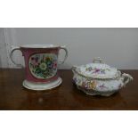 A large rare Staffordshire Loving Cup, the pink ground base with gilt decoration, with 'Forget Me