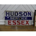 A vintage enamel sign "Hudson Service Essex", red/white/blue. Rectangular, double sided, damaged,