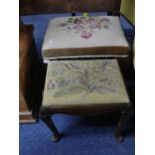 An antique needlework Stool, the floral upholstered stuff-over seat, raised on somewhat cabriole