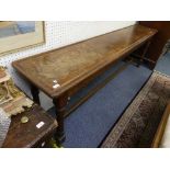 A vintage oak long Side / Console Table, the rectangular top with grooved rim on turned supports