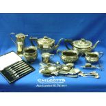 A quantity of Silver Plate, including tea set, candle wick trimmers, mustard pot, flatware, together