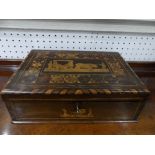 An early 19thC marquetry Deed Box, the whole inlaid with fruitwood with figures, scenes and