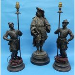 A pair of 20thC spelter Figural Lamps, depicting two well dressed gentleman, stood upon plinths,