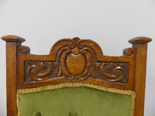 A pair of Edwardian oak Parlour Chairs, with turned front supports on castors, 19in (48.5cm) wide, - Image 3 of 3