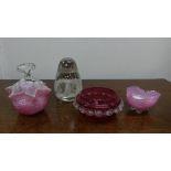 A small quantity of decorative Glassware, comprising a pink and striped moulded basket, a