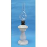 An early 20thC opalene glass Oil Lamp, with a teardrop shaped glass chimney, with 'C' etched to