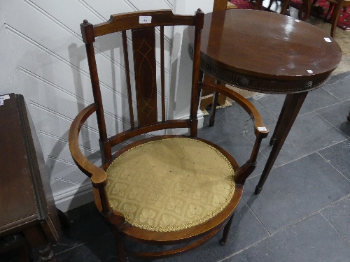 An Edwardian mahogany inlaid oval open Arm Chair, with upholstered seat, 22.5in (57cm) wide, 34in ( - Image 2 of 5