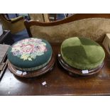 A pair of antique Rosewood-framed Footstools, both of circular form, one with floral tapestry
