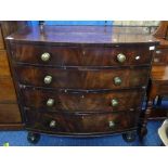 A late Victorian mahogany bow-front Chest of Drawers, comprising four long drawers, graduated in