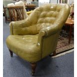 A Victorian leather 'tub' Armchair, with button back pale green leather, turned supports and brass