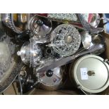 A quantity of Silver Plate, including entree dish, two handled oval tray, tea set, candelabrum,