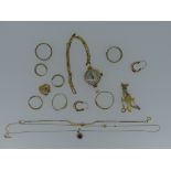 A quantity of 9ct gold, including locket, earrings, cross, broken rings, a lady's wristwatch with