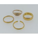 Three 22ct yellow gold Bands, one broken, approx total weight 11.6g, together with a small 9ct