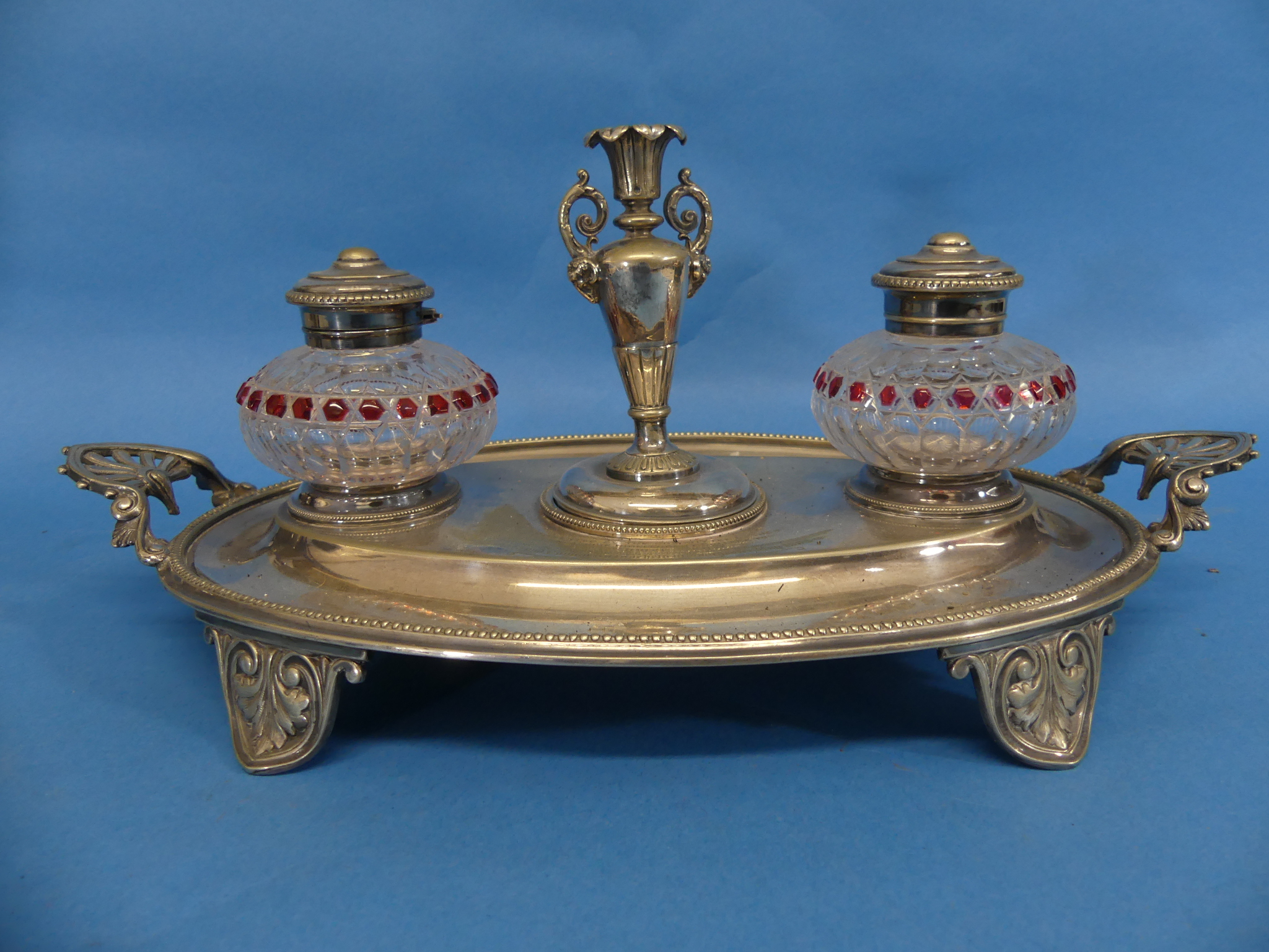 A Victorian silver-plated and cut glass Inkstand, of oval form, the two ink pots flanking a taper - Image 4 of 4