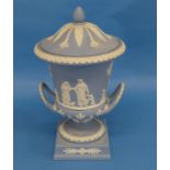 A 20th century Wedgwood Jasperware Campagna-shaped Urn and Cover, the typical blue colour