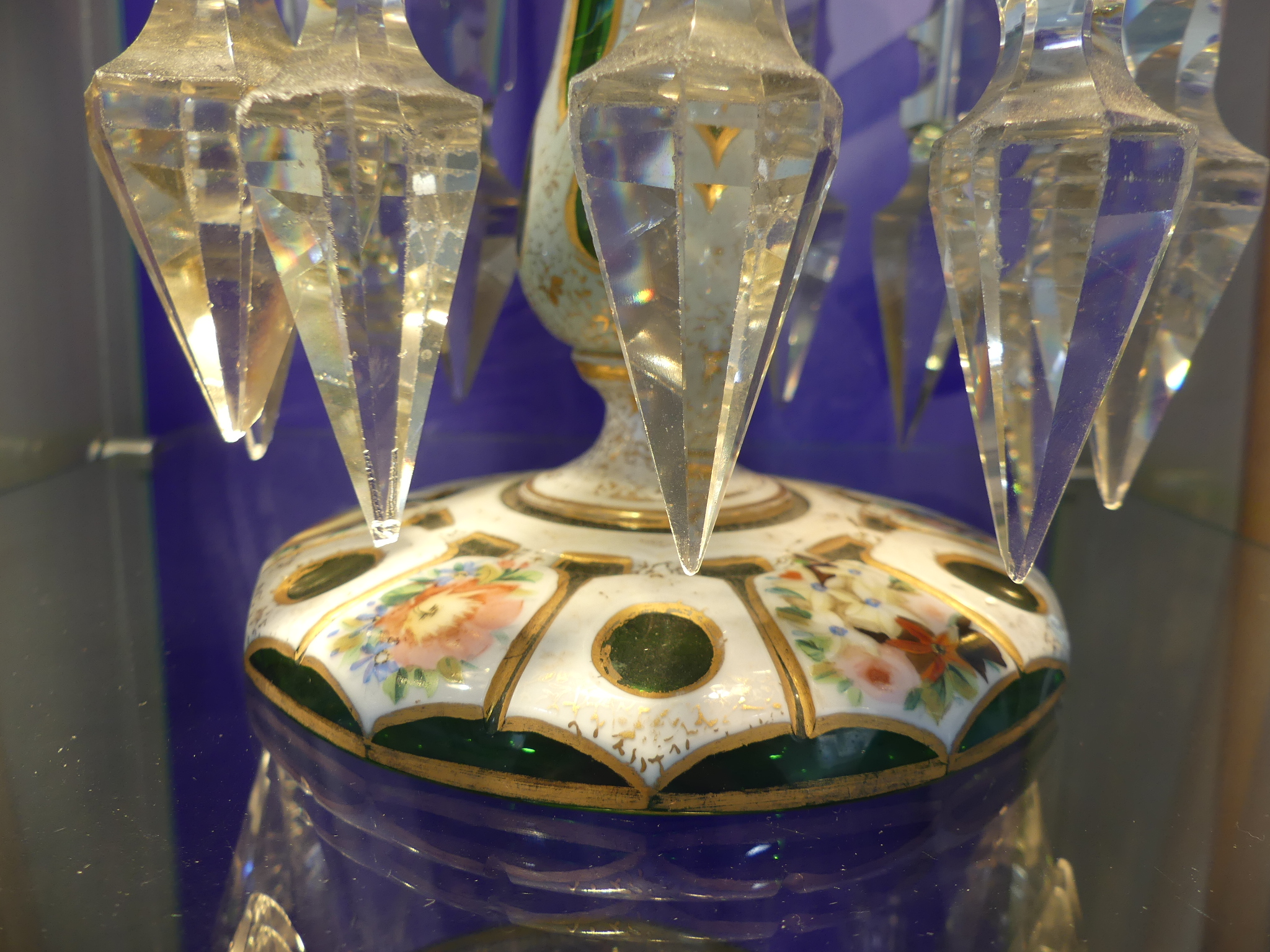 A 19th century Bohemian green glass lustre, overlaid white, with gilt line decoration and painted in - Image 3 of 4
