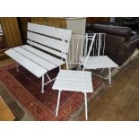 A vintage white painted metal-framed wooden Garden Seat, 47in (119.25cm) wide, together with two