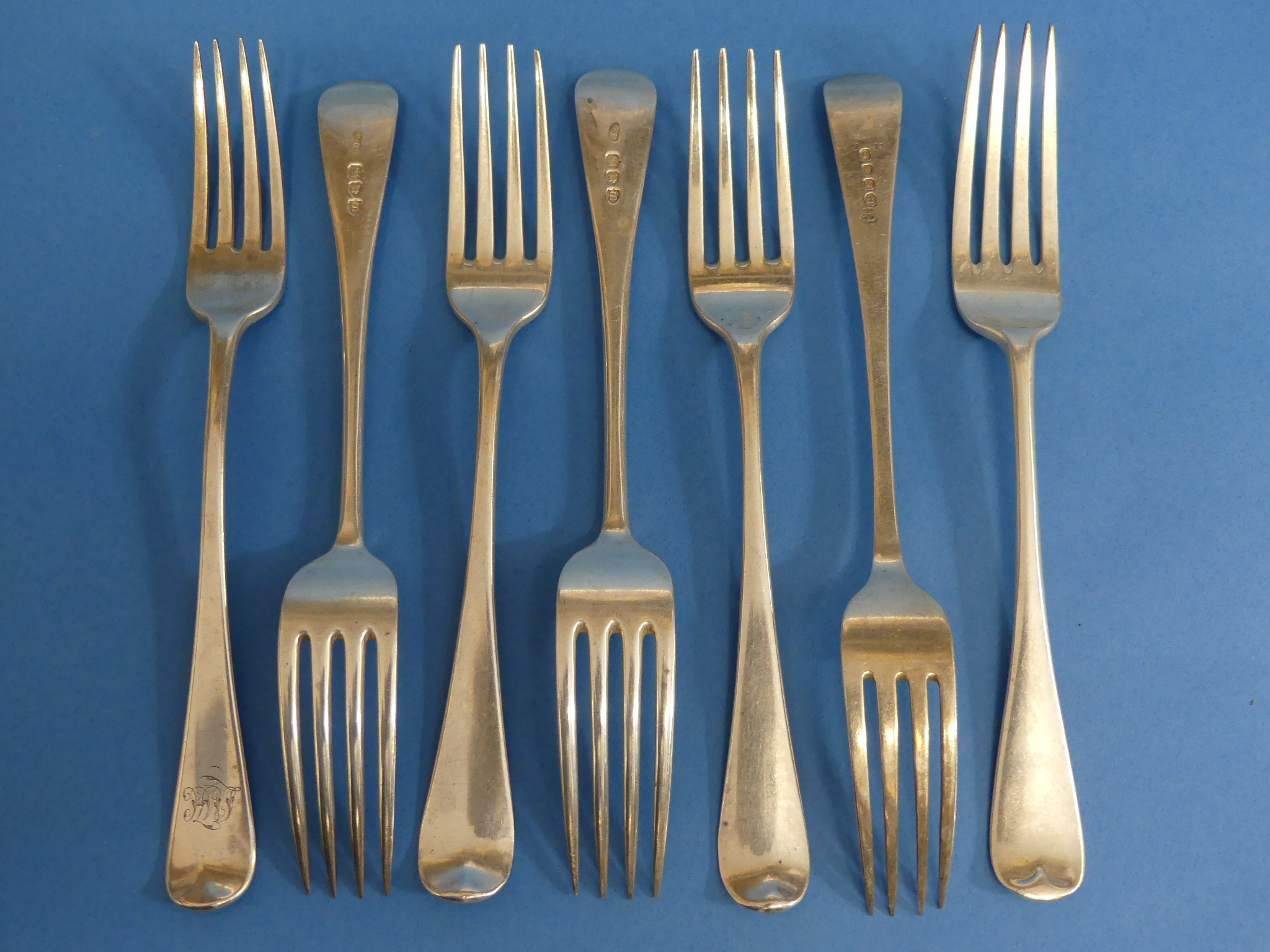 A collection of seven 19thC silver Forks, all Old English pattern, including three Victorian, by