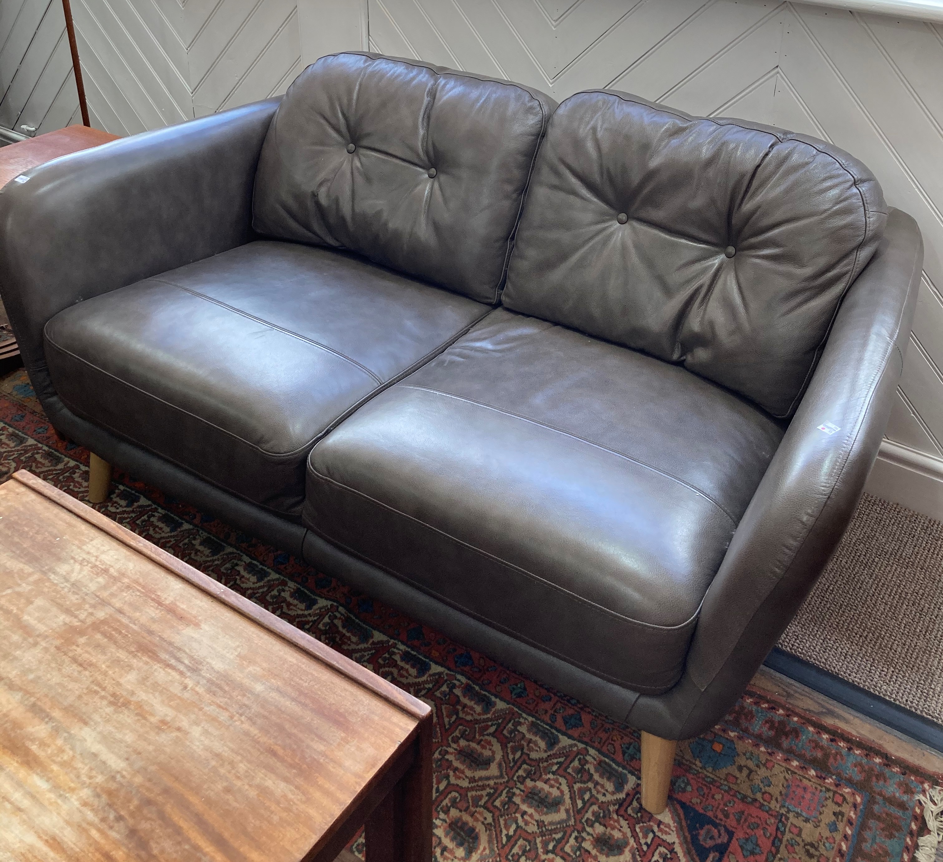 A modern leather retro style Two Seater Sofa, by John Lewis, the button-back in grey leather uphols - Image 2 of 2